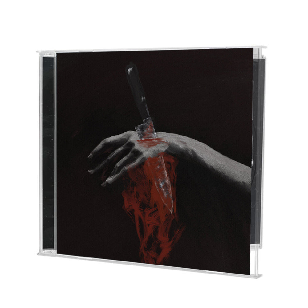 A CD case from Counterparts features artwork of a hand being pierced by a knife, with red paint resembling blood flowing from the wound against a black background. Inside the CD, the tracklisting for Nothing Left To Love is displayed.