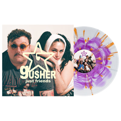 Just Friends Gusher Vinyl LP. album art depicts two of the band members looking directly at you. one is wearing flower sunglasses and the other a weird hat. Vinyl  is exposed to show art on disc. Vinyl color is  Purple in clear with heavy orange and bone splatter. 