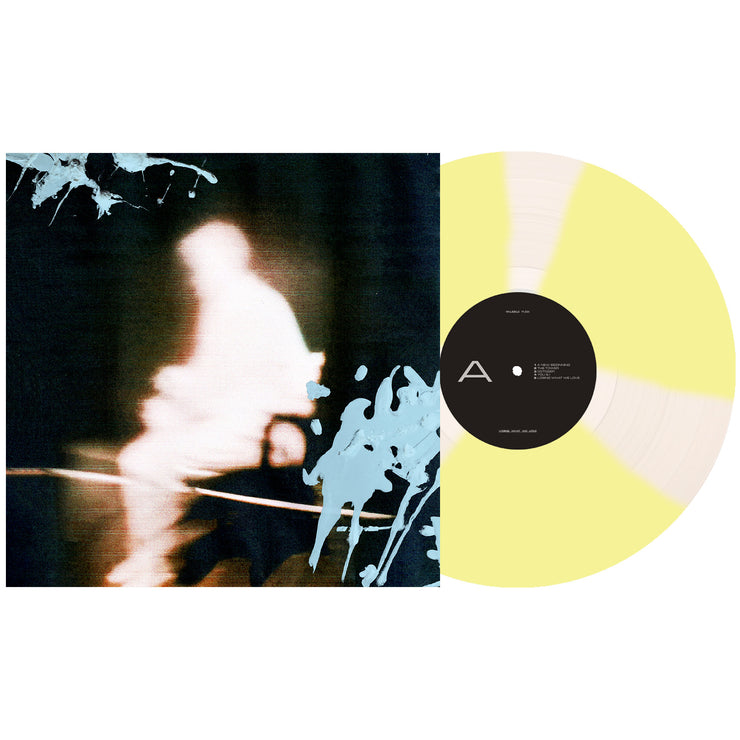 Knuckle Pucks Losing What We Have vinyl LP. album art depicts a glowing outline of a man sitting on a bench. LP is exposed to show color. color of LP is Milky Clear & Easter Yellow Spinner.