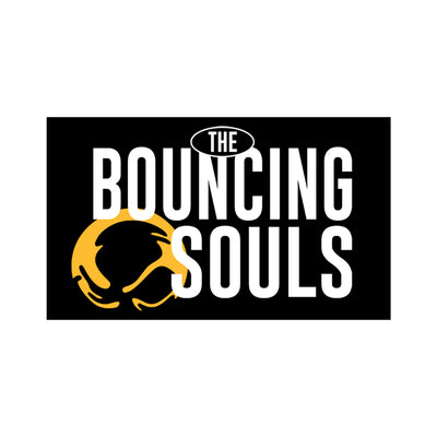 Bouncing Souls Logo Sticker. Black rectangle sticker with "The Bouncing Souls" in white and their hood figure symbol in the bottom left corner in yellow.