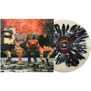 The Barstool Preachers Above The Static Vinyl LP with the vinyl exposed to show color. vinyl color is black inside glow in the dark milky clear with white splatter. this image shows the vinyl when it is not glowing. Album Art depicts 3 headless figures sitting on mountains with a galaxy background. a 4th person is also there with an old tv for a head.