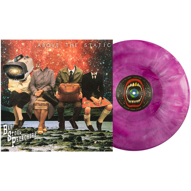 The Barstool Preachers Above The Static Vinyl LP with the vinyl exposed to show color. Album Art depicts 3 headless figures sitting on mountains with a galaxy background. a 4th person is also there with an old tv for a head. The vinyl color is purple, hot pink & White galaxy.