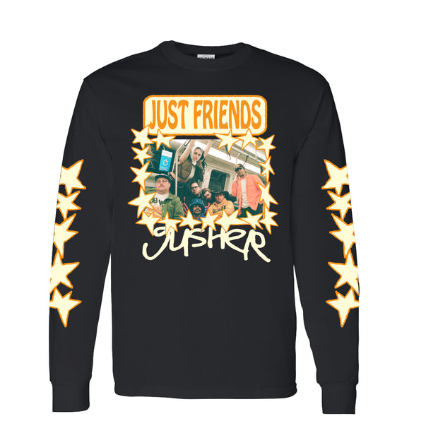 Just Friends Gusher Black Long Sleeve. Stars are printed down both sleeves. the center chest has a picture of the band on a subway together in color with a star border. the text Just Friends in orange bubble letters above the image and the text gusher in handwriting style text in white ink. 