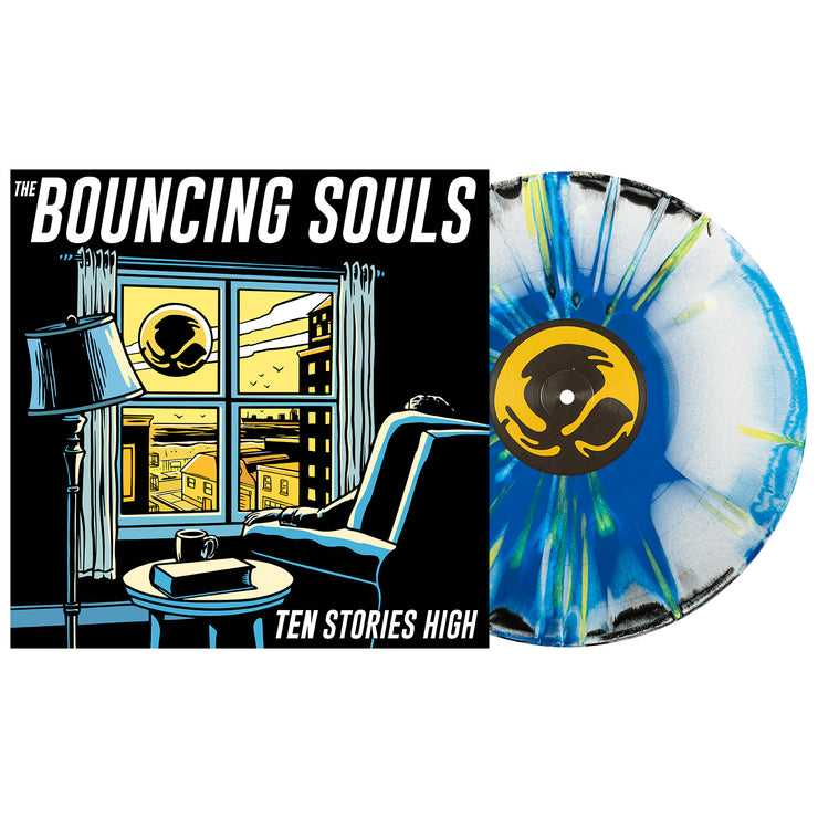 The Bouncing Souls Ten Stories High Vinyl LP. Album Art depicts a person sitting by the window looking out to see a large Bouncing Souls symbol floating in the sky. LP is exposed to show color. Color of LP Side B is Black/White/Blue Aside/Bside with white and yellow splatter.