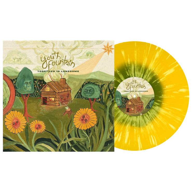 Youth Fountains Together in Lonesome vinyl LP. album art depicts a childlike drawing of a cabin in the woods scene. all the plant life surrounding the cabin has weird faces. and the cabin appears to be on fire. vinyl is exposed to show color which is Olive in Yellow with white splatter. 