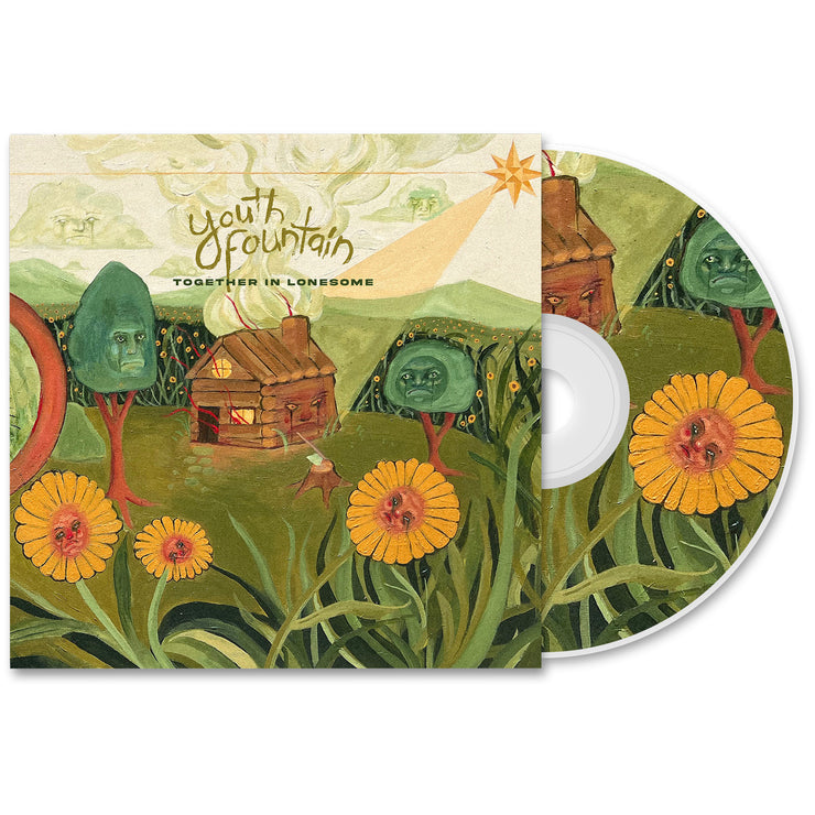 Youth Fountains Together in Lonesome CD. album art depicts a childlike drawing of a cabin in the woods scene. all the plant life surrounding the cabin has weird faces. and the cabin appears to be on fire. Disc is exposed to show art on the disc. the art is a close up of some of the weird faced flowers from the cabin scene