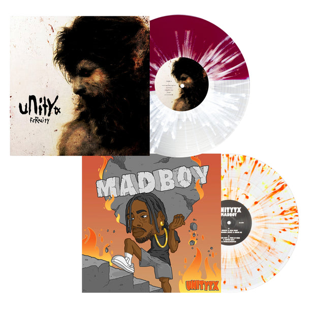 Unitytx Vinyl Collection. this bundle comes with FERALITY and MADBOY vinyl. the Ferality color is Brown, bone & black aside/bside with white and red splatter. the MADBOY color is clear with heavy blood red & highlighter splatter. 