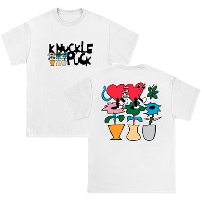 Knuckle Puck Losing What We Love White T-shirt. Front of shirt has Knuckle Puck text in black and 3 flowers under the KNU. back of shirt has the same 3 flowers much large with a heart creature walking across them. 