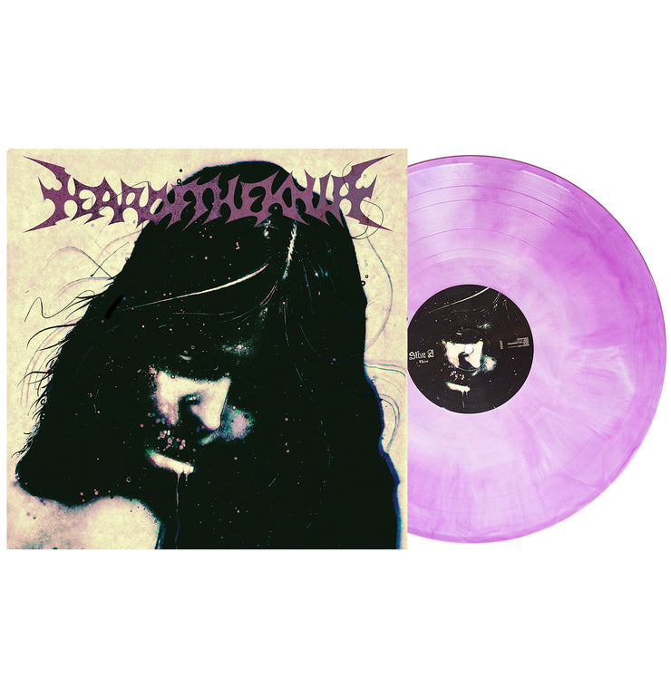 Year of the Knife No Love Lost vinyl lp. album art depicts a spooky woman looking downward with stars in her hair. vinyl is exposed to show color, color is purple & bone galaxy. 