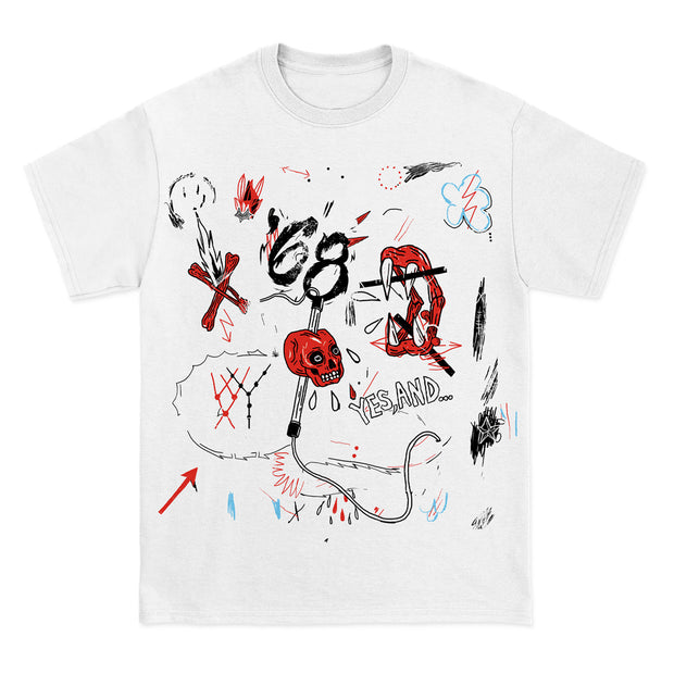'68 Yes, And... White t-shirt. front of shirt has various doodle like images in red, black and light blue ink. some of the images include fangs a skull with an arrow through it and lots of scribbles. 