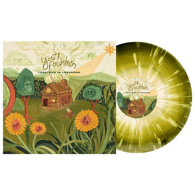 Youth Fountains Together in Lonesome vinyl LP. album art depicts a childlike drawing of a cabin in the woods scene. all the plant life surrounding the cabin has weird faces. and the cabin appears to be on fire. vinyl is exposed to show color which is green, bone & yellow aside/bside with white splatter. 