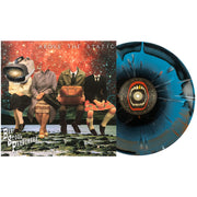 The Barstool Preachers Above The Static Vinyl LP with the vinyl exposed to show color. Album Art depicts 3 headless figures sitting on mountains with a galaxy background. a 4th person is also there with an old tv for a head. This side is side B. vinyl color is Halloween Orange, Cyan Blue, & Black Aside/Bside with White & Orange splatter. 