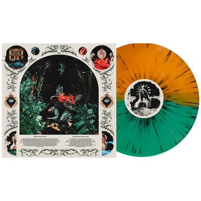 Knocked Loose Upon Loss Singles Vinyl LP. Album Art depicts an Angel with their wings on fire in a forest scene. the image is surrounded by various eyes, religious images and bared wire like branches. color of the vinyl is Half Mint/Half Orange w/ Heavy Black Splatter.