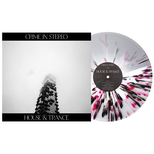 Crime In Stereo House & Trance Vinyl LP. Album Art depicts a sky scraper getting lost in the clouds. vinyl color is White in Half Clear/Half Silver with Black & Red Splatter.
