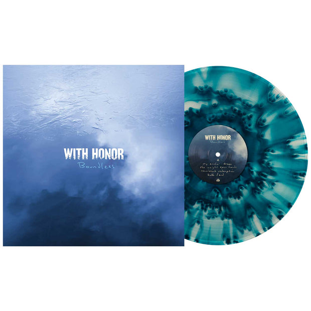 With Honor Boundless Vinyl LP. Album art depicts a sheet of ice reflecting the sky. vinyl is exposed to show color. color is sea blue cloudy. 