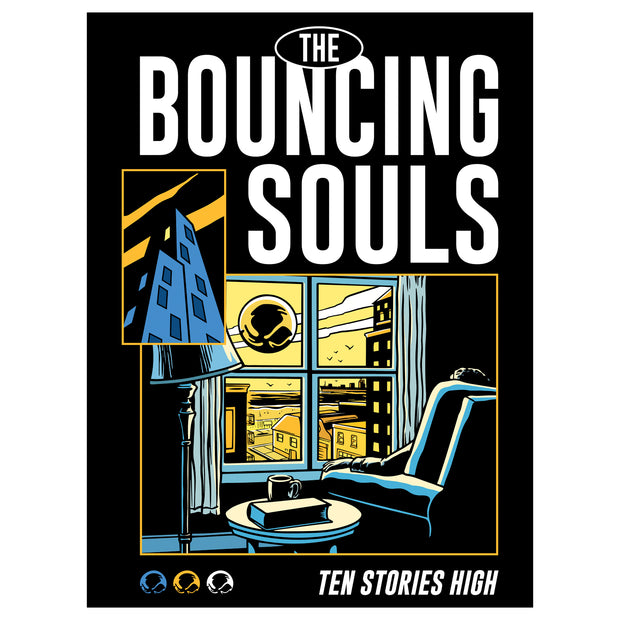 The Bouncing Souls "Ten Stories High" 18 inch by 24 inch screen printed poster. Poster has the albums cover art on it, album art is a person sitting by the window looking out to the city to see the bouncing souls symbol in the sky. 