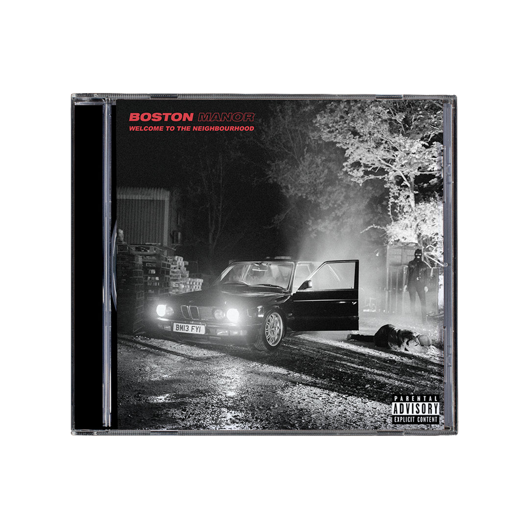 Boston Manor CD cover for Welcome To The Neighbourhood, featuring a car with open doors at night, a person standing nearby, a dog lying under a streetlight, and trees in the background—the perfect visual companion to this evocative music album.