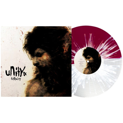 UNITYTX FERALITY VINYL LP. Album art depicts a side profile of a creepy man on a distressed white background. vinyl color is Half oxblood half clear with heavy white splatter. 