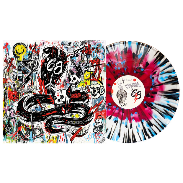 '68 Yes, And... Vinyl LP. Album art depicts a doodle cobra with a lot of various scribble images around it, too many to describe and in various color. vinyl LP is exposed to show color. color of LP is Red in Clear with black and blue splatter. 