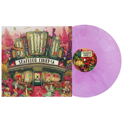 The Seafloor Cinema Self Titled LP. the album art depicts a literal seafloor cinema. a movie theater on the ocean floor with sea creatures showing up to the showing. vinyl color is Purple & White Galaxy.