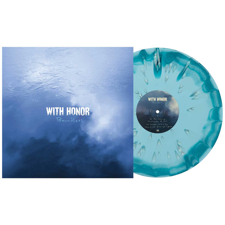 With Honor Boundless Vinyl LP. Album art depicts a sheet of ice reflecting the sky. vinyl is exposed to show color. color is Blue Aside/Bside with white splatter. this is side B.