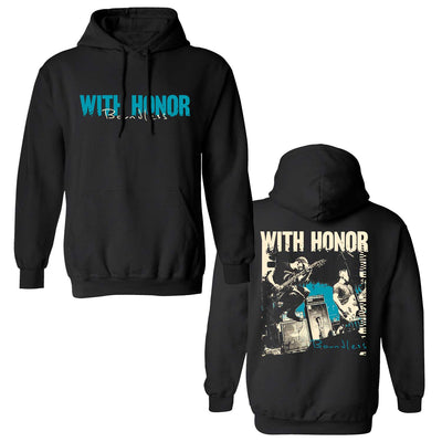 With Honor Black Boundless Pullover Hoodie. Front center chest has the text With Honor in teal and Boundless in tan. back of hoodie has a live photo of the band on the full back in tan ink with the text with honor above in tan and the word boundless in teal below. 