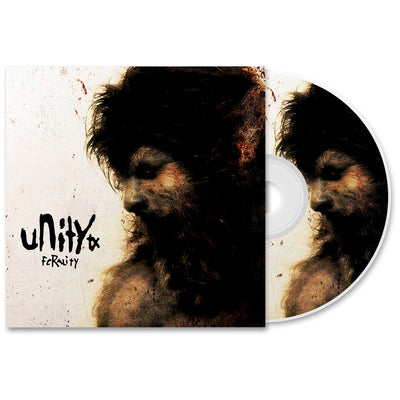 UNITYTX FERALITY CD. album art depicts the side profile of a creepy man on a white distressed background. CD disc has the same art on it. 