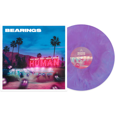 Bearings The Best Part About Being Human Vinyl LP. Album art depicts a diner with a mountain and palm trees in the background. spooky looking lights seem to be entering the diner. vinyl is exposed to show color. color of vinyl is purple, white & blue galaxy.