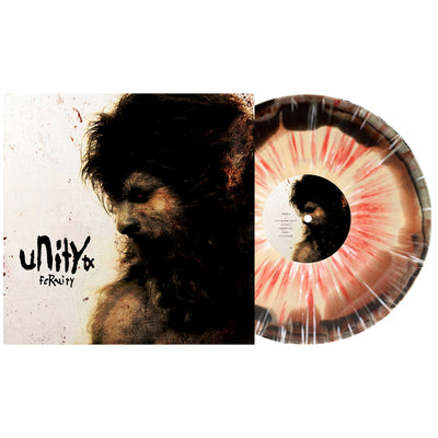 UNITYTX FERALITY VINYL LP. Album art depicts a side profile of a creepy man on a distressed white background. vinyl color is Brown, Bone & Black Aside/Bside with white & red splatter. 