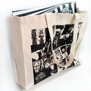 image of a natural colored, light khaki, canvas tote bag with a vinyl record inside and the front strap draped in front. the front has a full black print covering of various album covers of bands on pure noise records label.