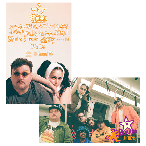 Just Friends Gusher double sided 11 by 17 poster. one side has two band members and the albums track list with a simple white background. the second side has the entire band posing in a subway car. 