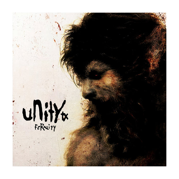 Unitytx Ferality album art sticker. the art depicts the side profile of a creepy man with a distressed white background. 