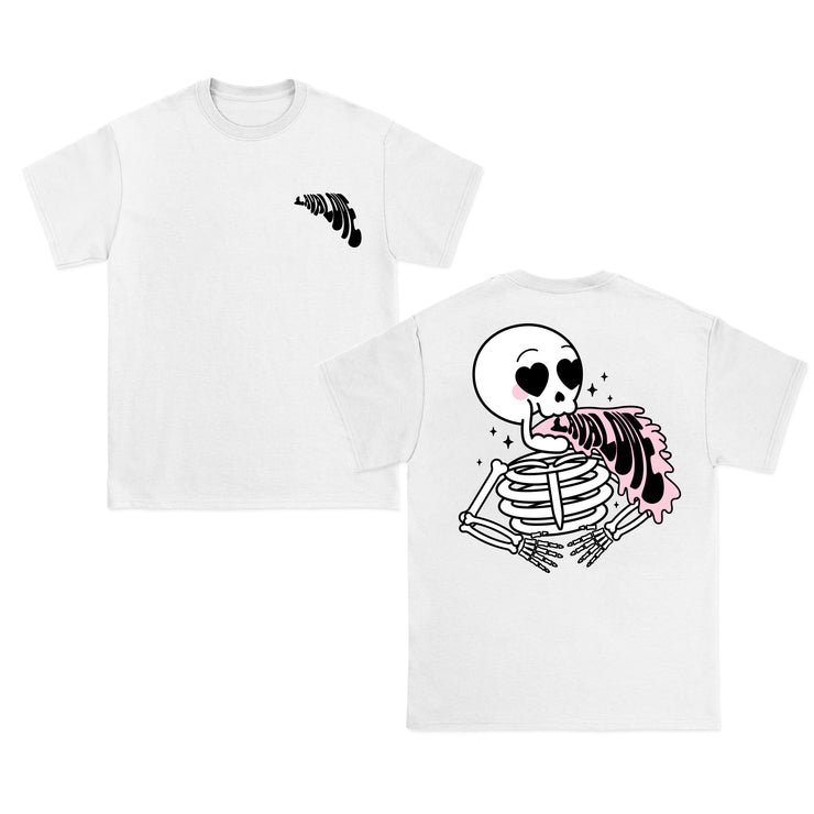 LAVALOVE Lovesick white t-shirt. front left chest of tee has Lavalove printed in black ink in a groovy font. back of shirt in the center in large print is the torso of a chibi skeleton throwing up the word LAVALOVE