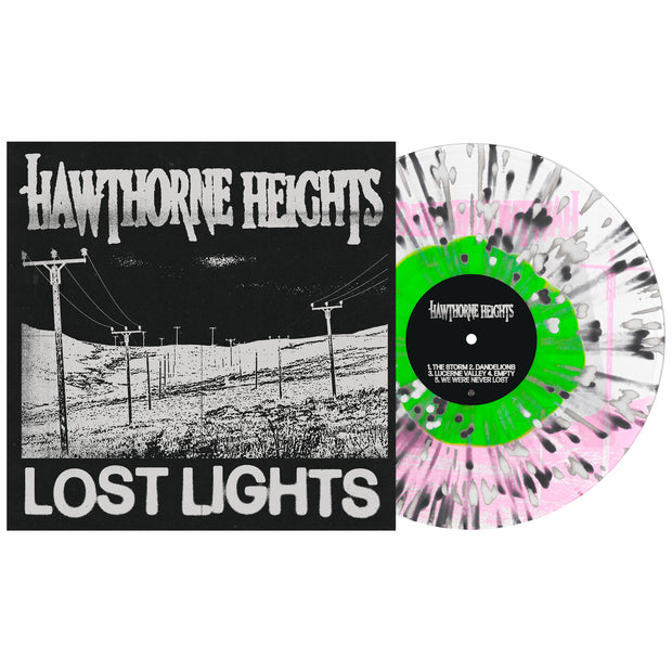 Hawthorne Heights Lost Lights Vinyl LP. album art depicts a bunch of telephone poles through a valley. the vinyl is exposed to show color. color of LP is Neon Green in clear with black and white splatter. 