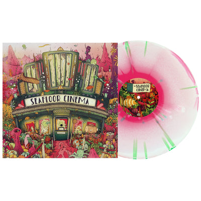 The Seafloor Cinema Self Titled LP. the album art depicts a literal seafloor cinema. a movie theater on the ocean floor with sea creatures showing up to the showing. vinyl color is Hot Pink/White/Baby Pink Aside/Bside with White and Mint Splatter. 