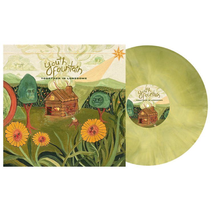Youth Fountains Together in Lonesome vinyl LP. album art depicts a childlike drawing of a cabin in the woods scene. all the plant life surrounding the cabin has weird faces. and the cabin appears to be on fire. vinyl is exposed to show color which is green & yellow galaxy. 