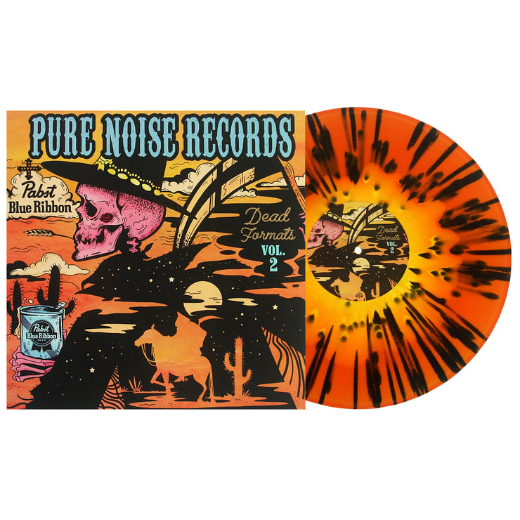 Dead Formats Volume 2 Vinyl LP. Album art depicts a western scene with a skeleton cowboy and some cool space inside of it. Vinyl color is yellow in orange with black splatter. 