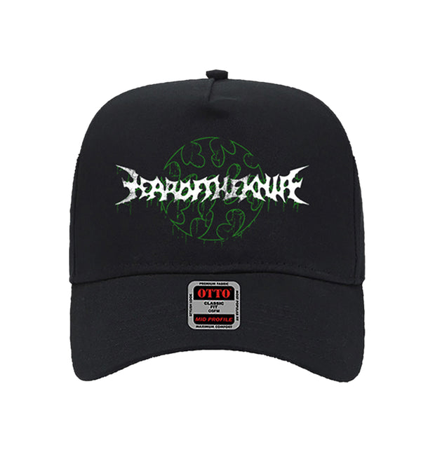 Year of the Knife No Love Lost black dad hat. hat had the band name in a metal font in white with a green circle blade like logo behind it.