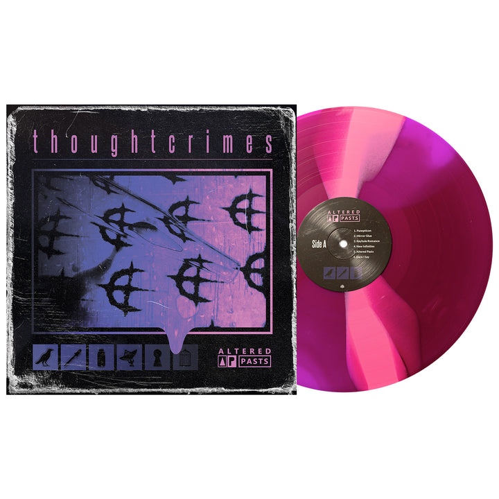 A Deep Purple Hot Pink vinyl record sits next to its album cover. The cover reads thoughtcrimes and Altered Pasts with abstract bird silhouettes and various small icons at the bottom.