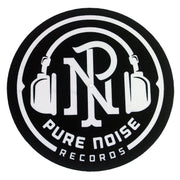 image of black and white slipmat for record player on white background. slipmat is a black circle, with a white circle, the letters P N in the center with white headphones around it. the bottom has arched white text that says pure noise records.