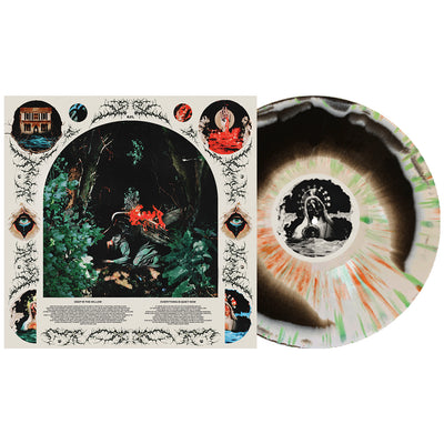 Knocked Loose Upon Loss Singles Vinyl LP. Album Art depicts an Angel with their wings on fire in a forest scene. the image is surrounded by various eyes, religious images and bared wire like branches. color of the vinyl is Bone & Black Aside/Bside with Mint and Orange Splatter.