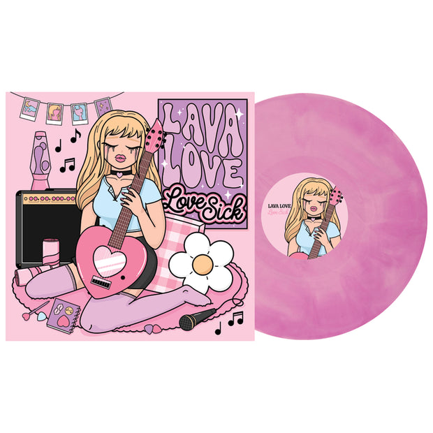 LAVALOVE Lovesick vinyl lp. album art depicts a blonde cartoon girl crying in her cute pink room. vinyl lp color is Baby Pink and purple galaxy. 