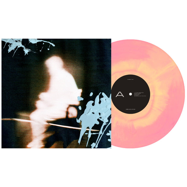 Knuckle Pucks Losing What We Have vinyl LP. album art depicts a glowing outline of a man sitting on a bench. LP is exposed to show color. color of LP is Pink & Easter Yellow Galaxy Vinyl LP.