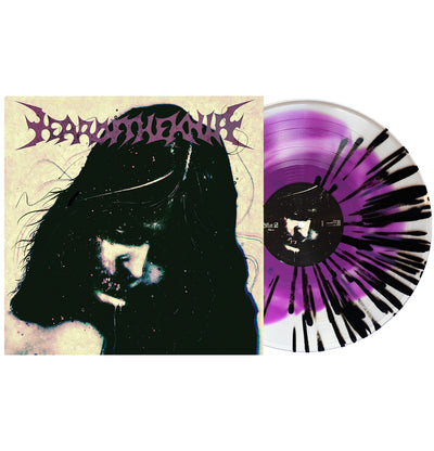 Year of the Knife No Love Lost vinyl lp. album art depicts a spooky woman looking downward with stars in her hair. vinyl is exposed to show color, color is purple inside clear with black splatter. 