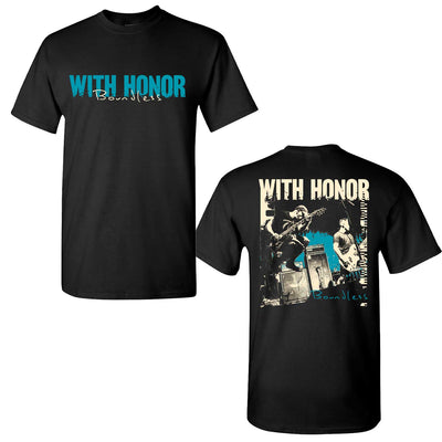 With Honor Black Boundless T-Shirt. Front center chest has the text With Honor in teal and Boundless in tan. back of t-shirt has a live photo of the band on the full back in tan ink with the text with honor above in tan and the word boundless in teal below.
