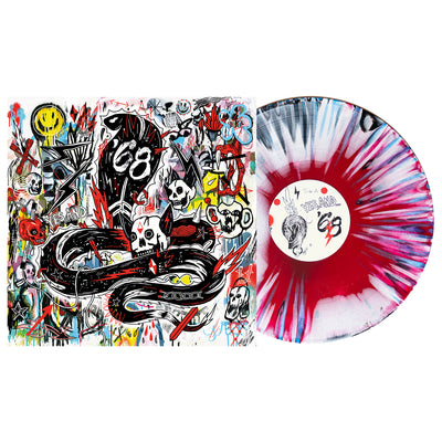 '68 Yes, And... Vinyl LP. Album art depicts a doodle cobra with a lot of various scribble images around it, too many to describe and in various color. vinyl LP is exposed to show color. color of LP is Red, White & Black Aside/Bside with white splatter. this is A side.
