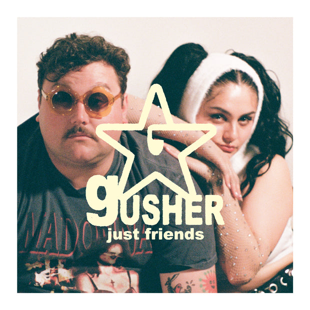 Just Friends Gusher Sticker. sqaure sticker with two of the band members looking directly at you. one is wearing flower sunglasses and the other a weird hat. 