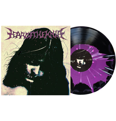 Year of the Knife No Love Lost vinyl lp. album art depicts a spooky woman looking downward with stars in her hair. vinyl is exposed to show color, color is purple & black aside/bside with white splatter. 