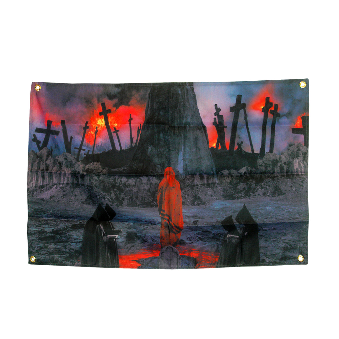 Image shows a 3 foot by 2 foot wall flag. Flag has image of counterparts album art on it. Album art is 5 spooky monks praying by a grave in pools of blood with the backdrop of many burning crosses.