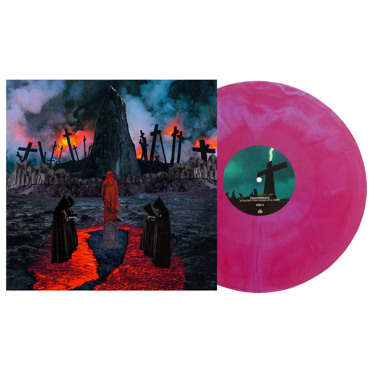 Image of vinyl lp with vinyl exposed to show vinyl color. Album art is 5 spooky monks praying by a grave in pools of blood with the backdrop of many burning crosses. Vinyl color is Magenta and baby blue galaxy. 